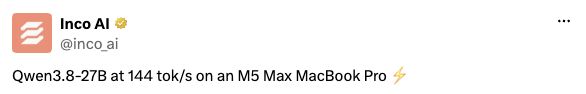 Screenshot of Inco AI's post on X: Qwen3.8-27B at 144 tok/s on an M5 Max MacBook Pro.